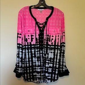 INC International Concepts Pink and Black Lace-Up Blouse